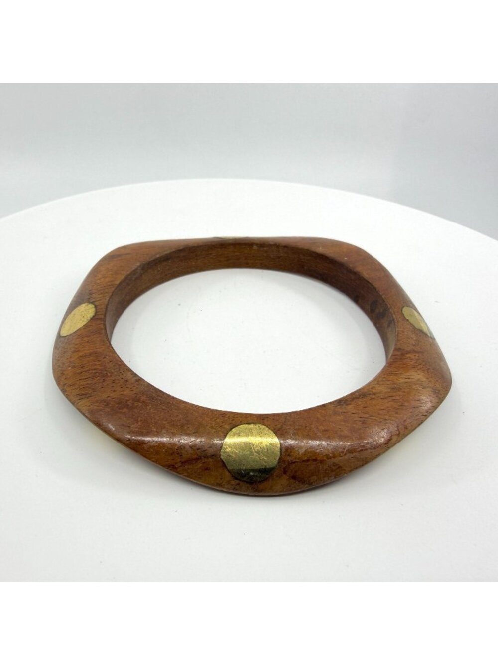Natural Wood Bangle Bracelet Brass Tone Dot Inlay Boho Chic Statement Stackable